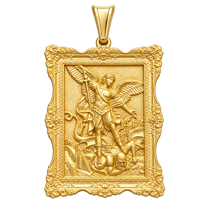 Saint Michael Archangel Portrait Artwork Pendant — polished yellow gold on transparent background