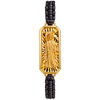 Upright Santa Muerte gold charm on black braided nylon bracelet, transparent background