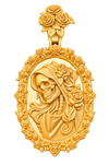 Santa Muerte gold pendant with sculpted hooded skull, ornate rose frame and floral bail