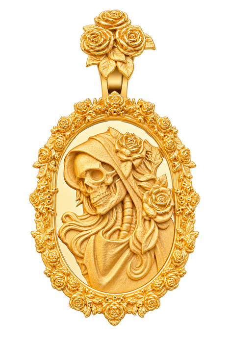 Santa Muerte gold pendant with sculpted hooded skull, ornate rose frame and floral bail