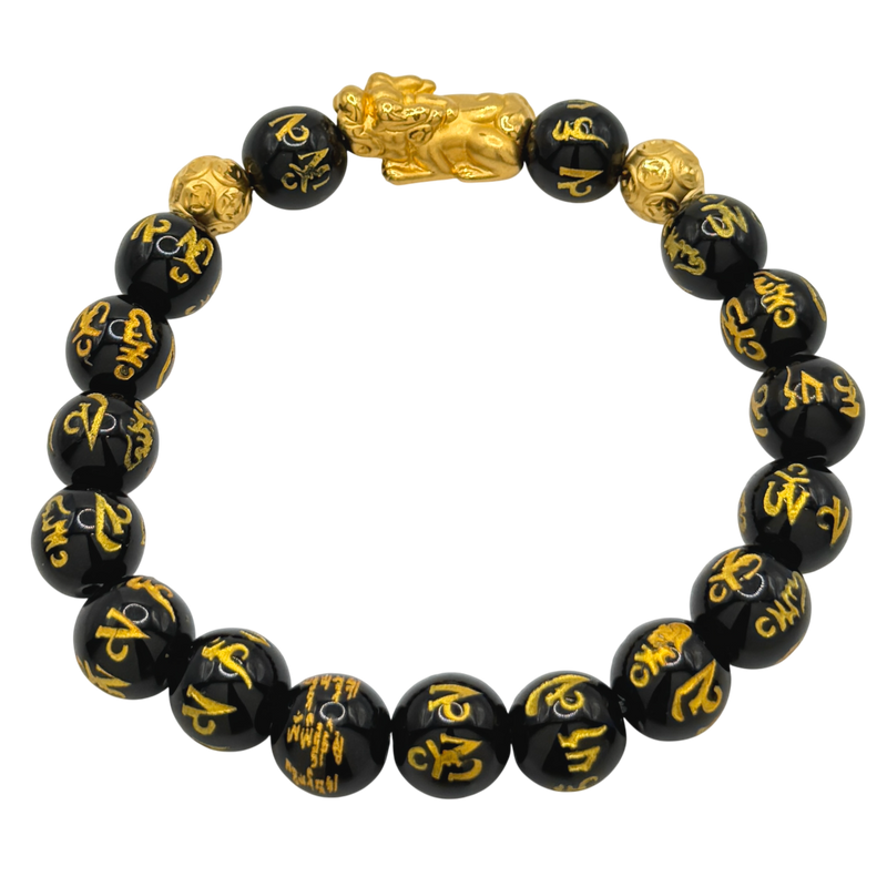 24K Yellow Gold Single Pi Xiu w/ Money Coin Balls Black Obsidian Scripture Beads Bracelet