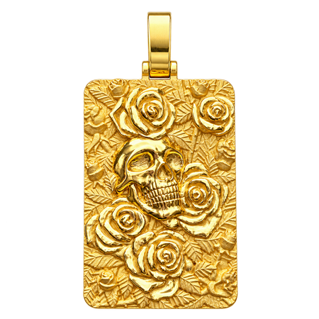 Skull & Roses Rectangular Pendant — polished yellow gold on transparent background