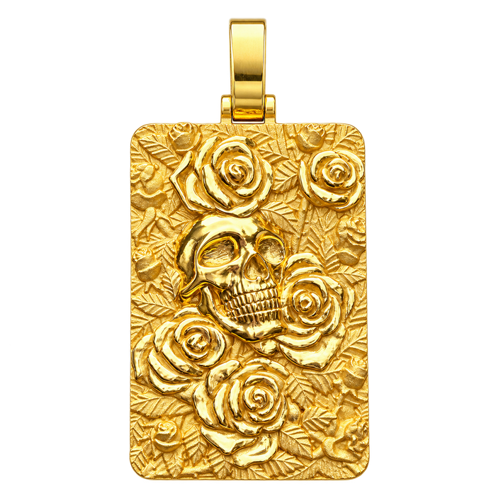 Skull & Roses Rectangular Pendant — polished yellow gold on transparent background