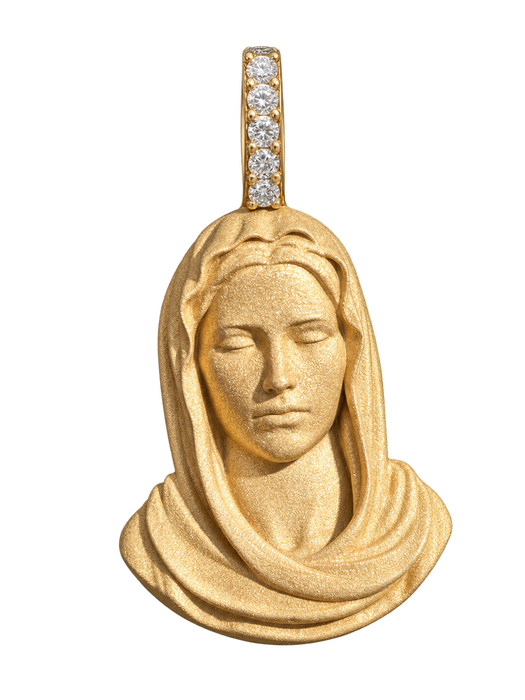 Small Virgin Mary Face Diamond Pendant in yellow gold on a transparent background
