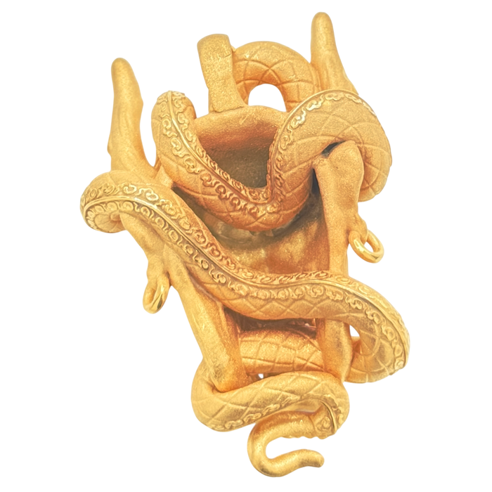 24K Yellow Gold Serpent Wrapped Oni Demon Head Pendant
