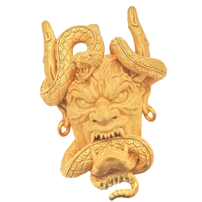 24K Yellow Gold Serpent Wrapped Oni Demon Head Pendant