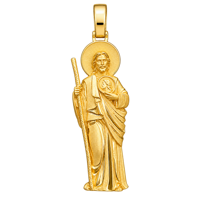 Standing Saint Jude Pendant — polished yellow gold on transparent background