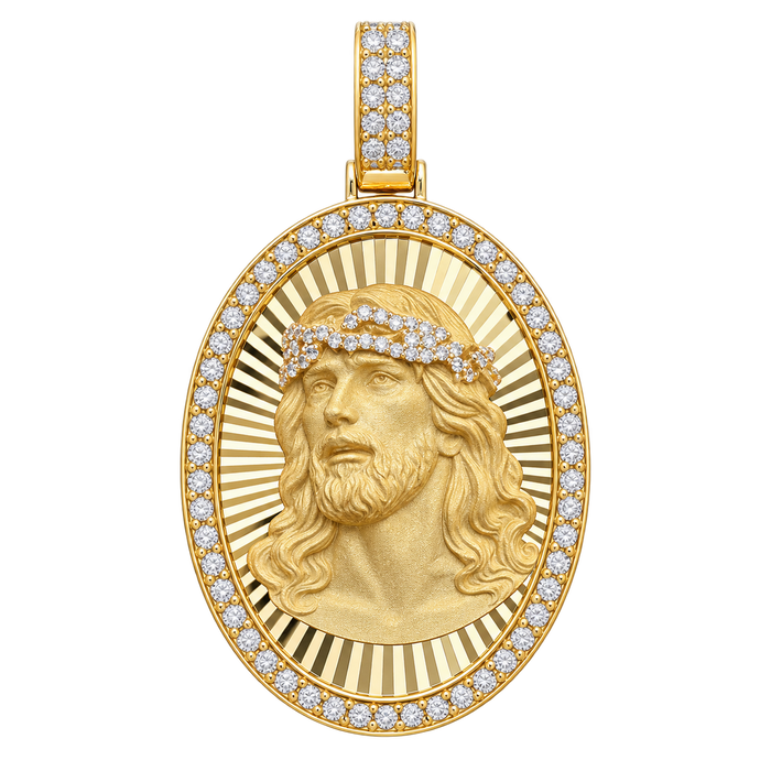 Double-Sided Jesus & Virgin Mary Diamond Oval Pendant — isolated product view