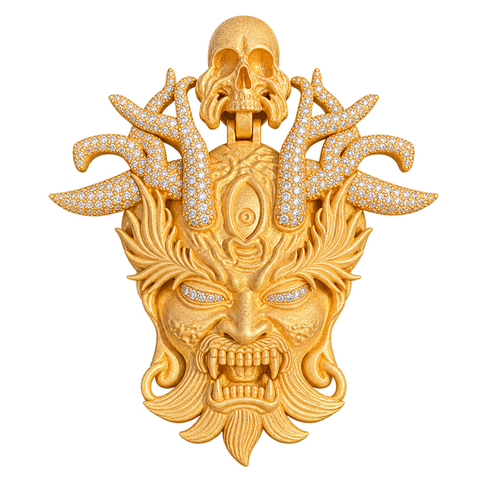 Japanese Oni Demon Mask Partial Diamond Pendant — isolated product view
