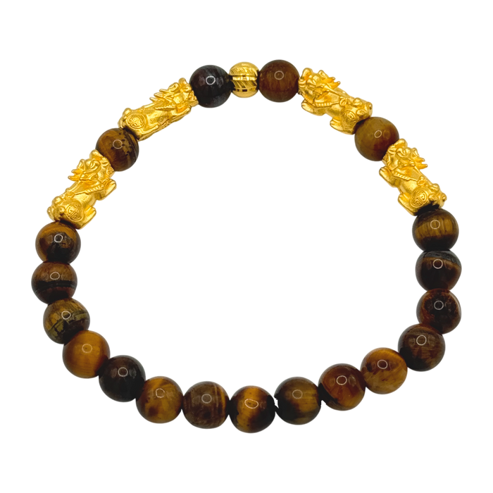 24K Yellow Gold Quadruple Pi Xiu Brown Bead Bracelet — yellow gold