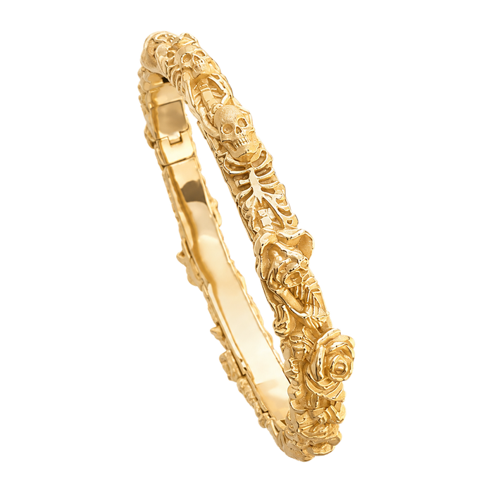 Skeleton and Roses Bangle Bracelet — yellow gold