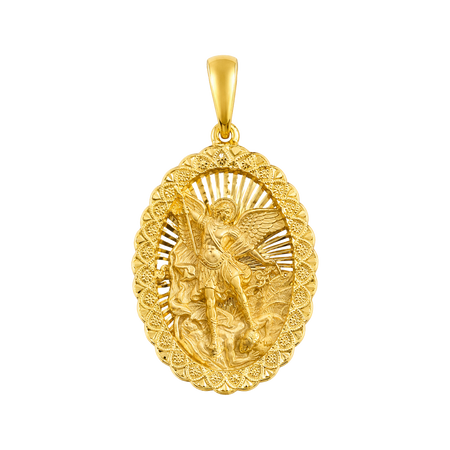 Diamond-Cut Saint Michael with Filigree Border Pendant — yellow gold