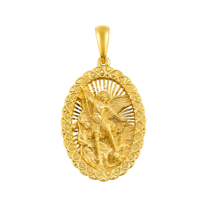Diamond-Cut Saint Michael with Filigree Border Pendant — yellow gold