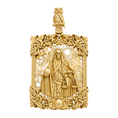 Santa Muerte and Owl Pendant — yellow gold