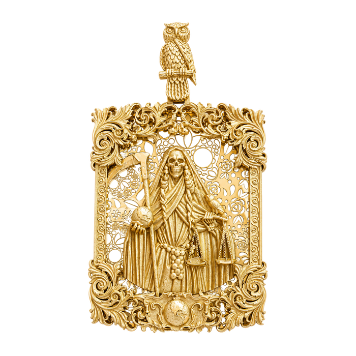 Santa Muerte and Owl Pendant — yellow gold