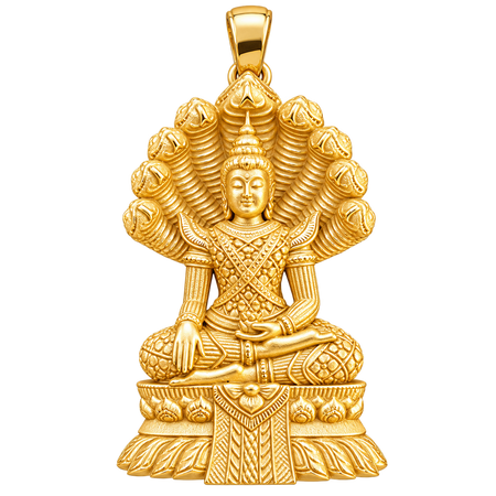 Thai Buddha (Phra Nak Prok) Pendant — polished yellow gold on transparent background