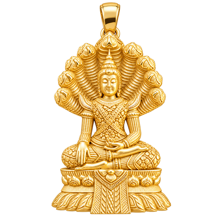 Thai Buddha (Phra Nak Prok) Pendant — polished yellow gold on transparent background