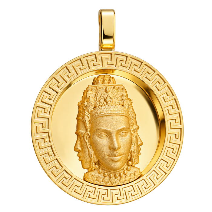 Three-Headed Buddha Circular Pendant — polished yellow gold on transparent background