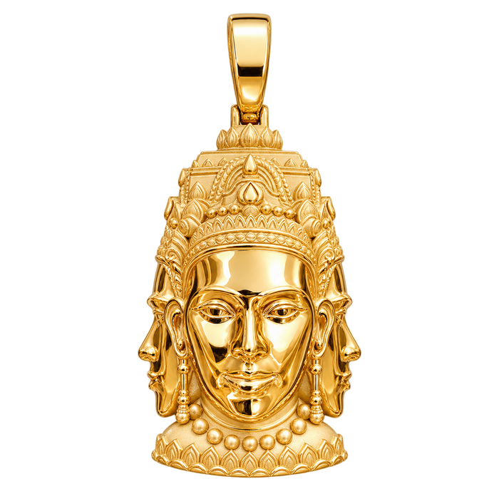 Three-Headed Buddha Pendant — polished yellow gold on transparent background