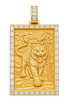 Yellow gold tiger and bamboo pendant with baguette diamond border and bail