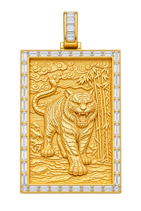 Yellow gold tiger and bamboo pendant with baguette diamond border and bail