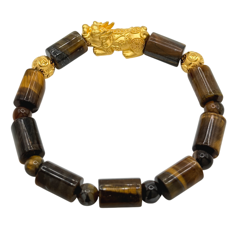 24K Yellow Gold Semi-Hollow Pi Xiu w/ Money Coin Balls Tiger Eye Bracelet
