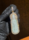 Custom Jade Lady Buddha (Guan Yin) Round and Baguette Diamond Wrap Pendant — original photograph