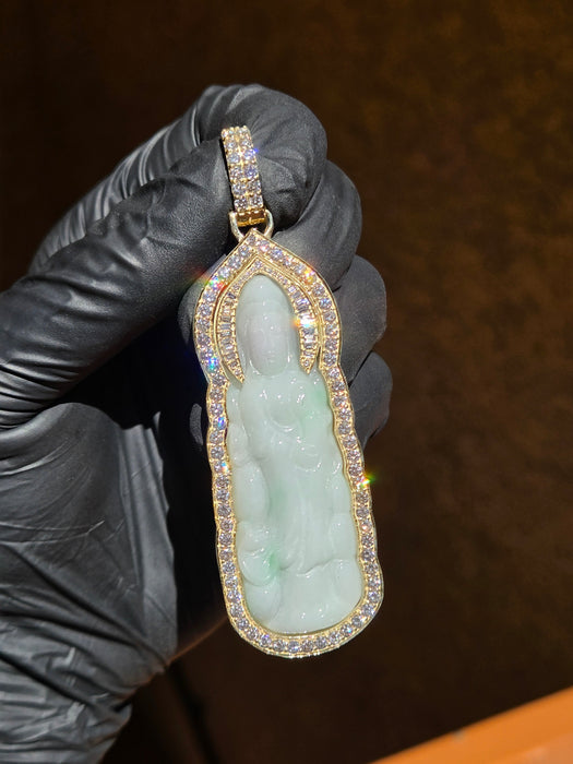 Custom Jade Lady Buddha (Guan Yin) Round and Baguette Diamond Wrap Pendant — original photograph