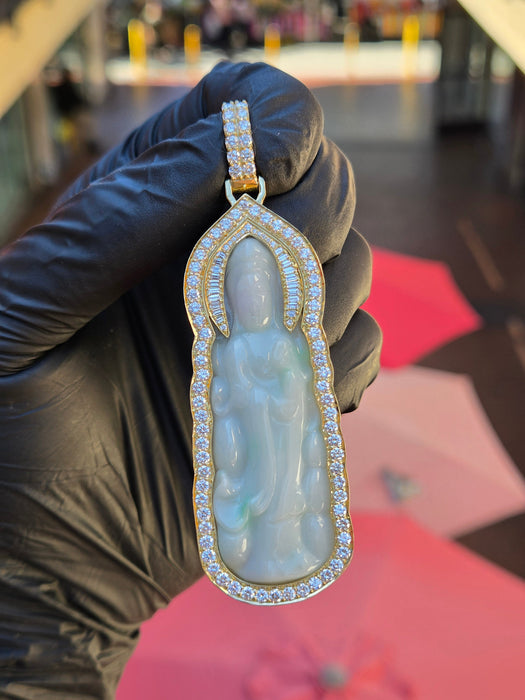 Custom Jade Lady Buddha (Guan Yin) Round and Baguette Diamond Wrap Pendant — original photograph