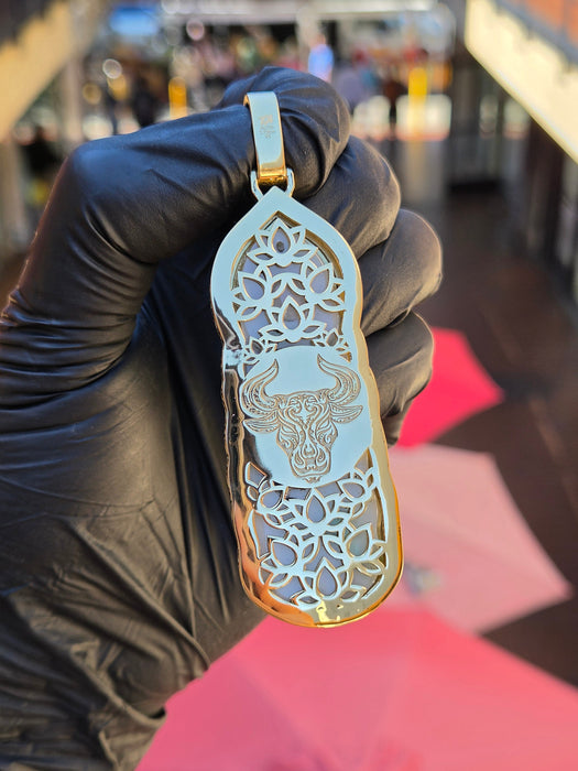 Custom Jade Lady Buddha (Guan Yin) Round and Baguette Diamond Wrap Pendant — original photograph