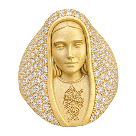 Virgin Mary Diamond Veil Ring in yellow gold — studio view