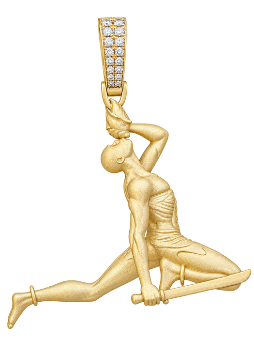 Warrior with sword gold pendant and white diamond bail, isolated studio view
