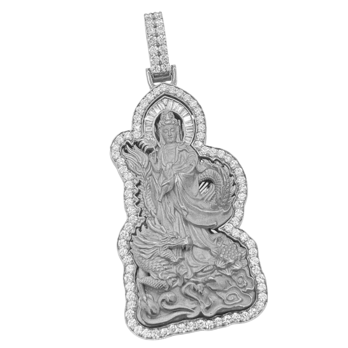 Baguette Diamond Halo Lady Buddha & Dragon Pendant