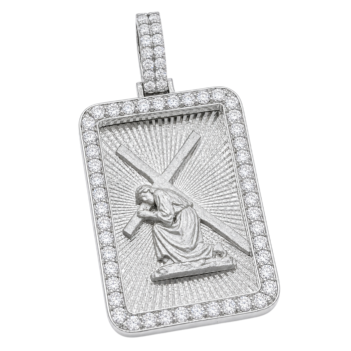 Jesus Carrying Cross Pendant w/ Diamond Frame