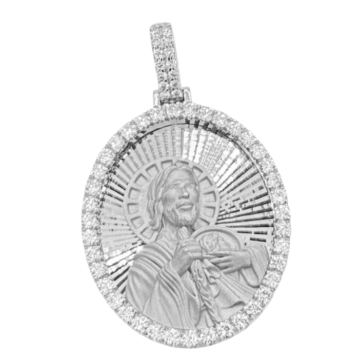 Diamond Cut Jesus Pendant w/ Diamond Frame