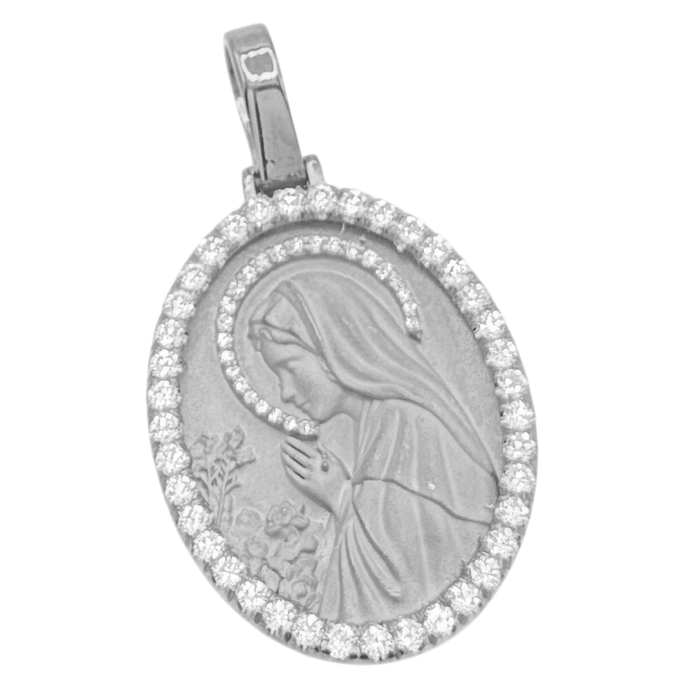 Praying Hands Virgin Mary Oval Pendant w/ Diamond Frame