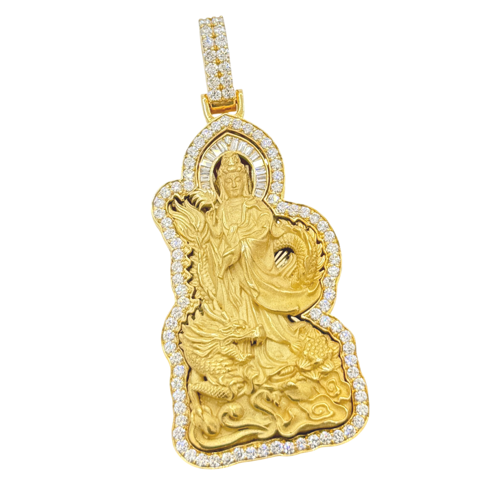 Baguette Diamond Halo Lady Buddha & Dragon Pendant