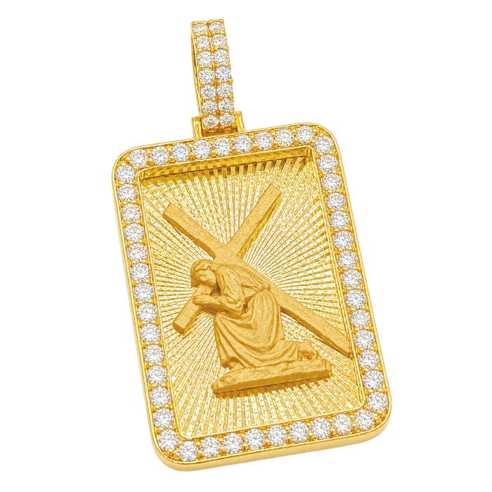 Jesus Carrying Cross Pendant w/ Diamond Frame